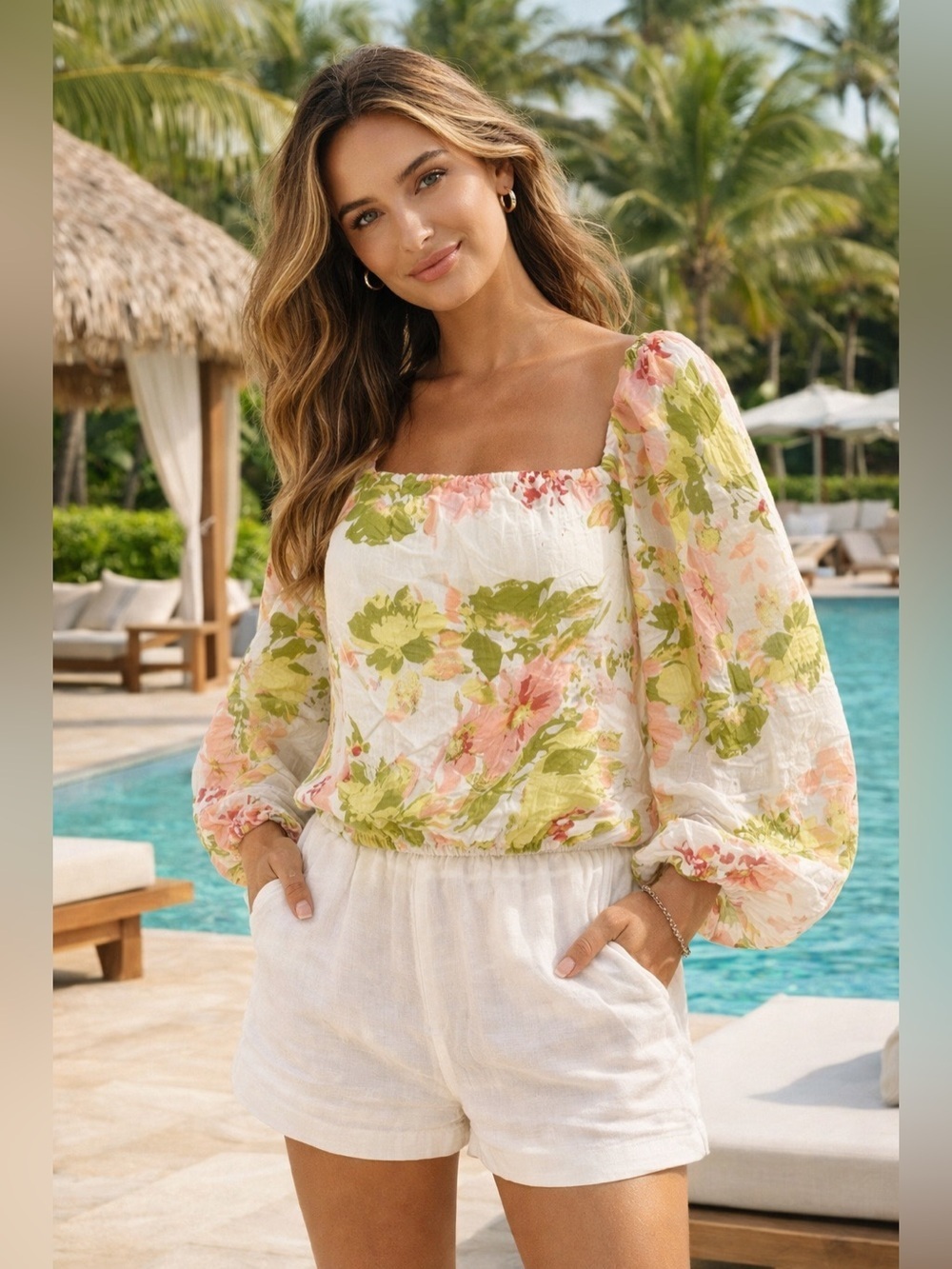 Calypso St Barth Floral Puff Sleeve Blouse Sz XL Square Neck Boho Peasant Lined